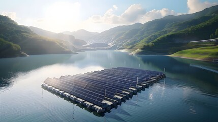A state-of-the-art solar farm with buoyant platforms floating on the calm waters of a dam, photovoltaic panels gleaming in the sunlight, surrounded by scenic landscapes and verdant hills