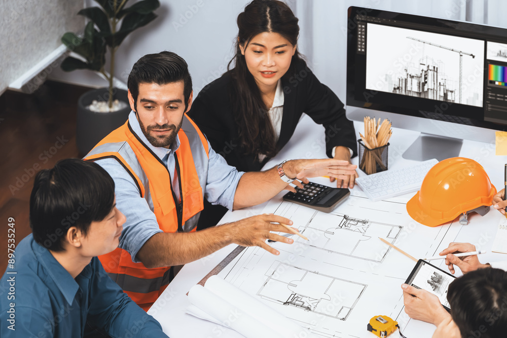 Poster diverse group of civil engineer and client working together on architectural project, reviewing cons