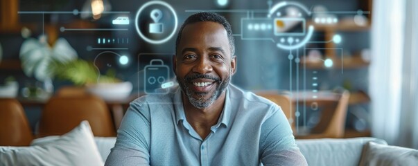 Smiling man in a futuristic technology setting with digital interface icons