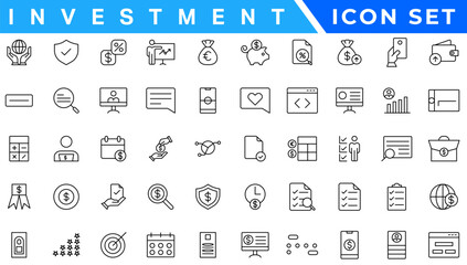 Investment icon set. Containing investor, mutual fund, asset, risk management, economy, financial gain, interest and stock icons