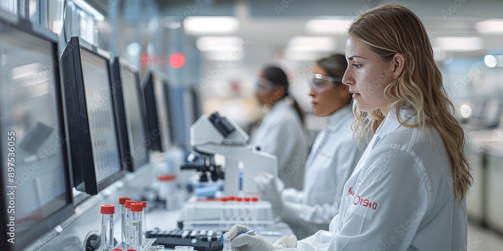 Poster female scientists working with computers and microscopes in a laboratory, focused on research
