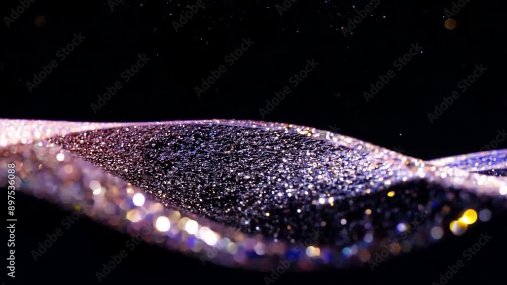 Poster a wave of purple glitter sparkles and shines against a black background, with a few small particles 