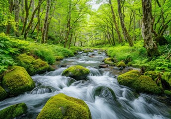 Obraz premium river in the forest of white water and green trees at high noon