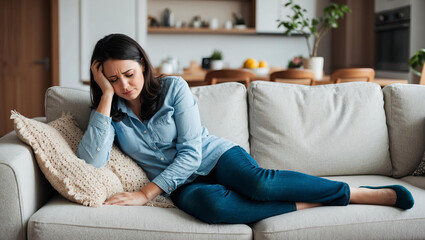 A woman rests on a couch in a living room, seemingly tired and sad. She is wearing a blue shirt and jeans