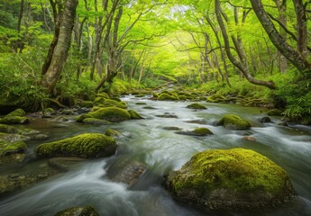 Obraz premium river in the forest of white water and green trees at high noon