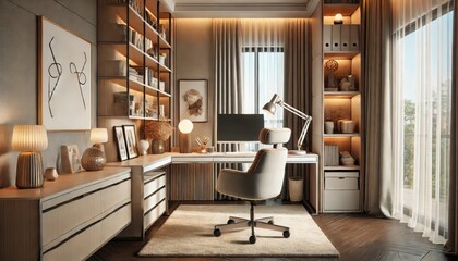 A modern and cozy home office, features adjustable desk with ergonomic chair