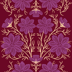 Cosmea. Modern flowers, decorative seamless pattern of pastel colors in geometric shapes. Abstract groovy botanical poster. Aesthetic vector vintage illustration. For wallpaper, wrapping, background.