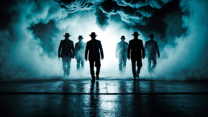 Mysterious Silhouetted Figures Emerge from Dramatic Foggy Noir Scene Men in Black