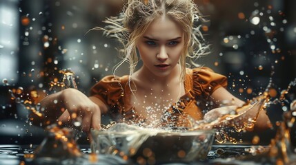 Obraz premium A woman in an orange shirt dips her hands into a bowl of water