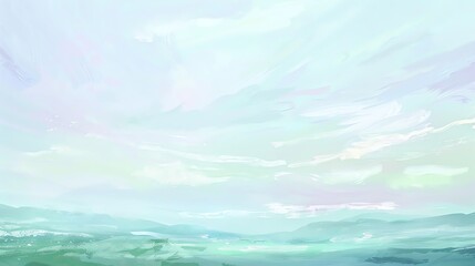 Obraz premium A serene landscape featuring soft pastel colors, depicting a tranquil sky and gentle rolling hills under a dreamy atmosphere.