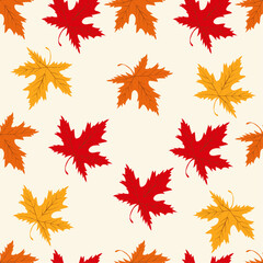 Maple leaf colorful pattern. Autumn falling leaves on light background. Simple cute cozy forest foliage for cover, wrapping paper, cover, banner, interior decor. Vector illustration.