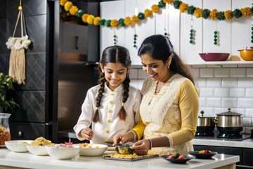 The mother and daughter are busy in the kitchen preparing a feast for Diwali or Holi, with colorful decorations and festive music playing in the background.