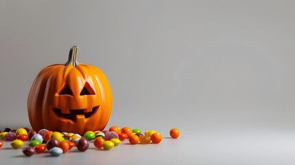Smiling Halloween pumpkin and candies in minimalist style