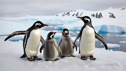 Obraz premium A family of penguins huddled together on the icy Antarctic landscape, their resilience and cooperation a testament to survival in extreme conditions.