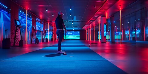 Man playing golf in an illuminated indoor golf simulator with vibrant neon lights