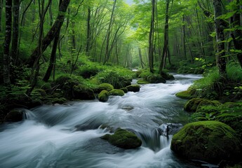 Obraz premium river in the forest of white water and green trees at high noon