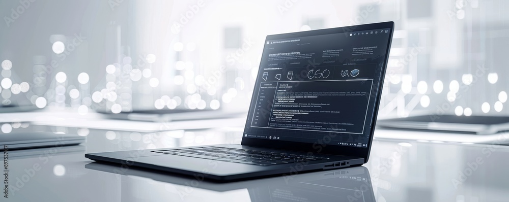 Poster sleek modern laptop displaying software development code on screen in high-tech office