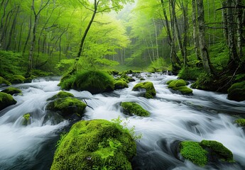 Obraz premium river in the forest of white water and green trees at high noon