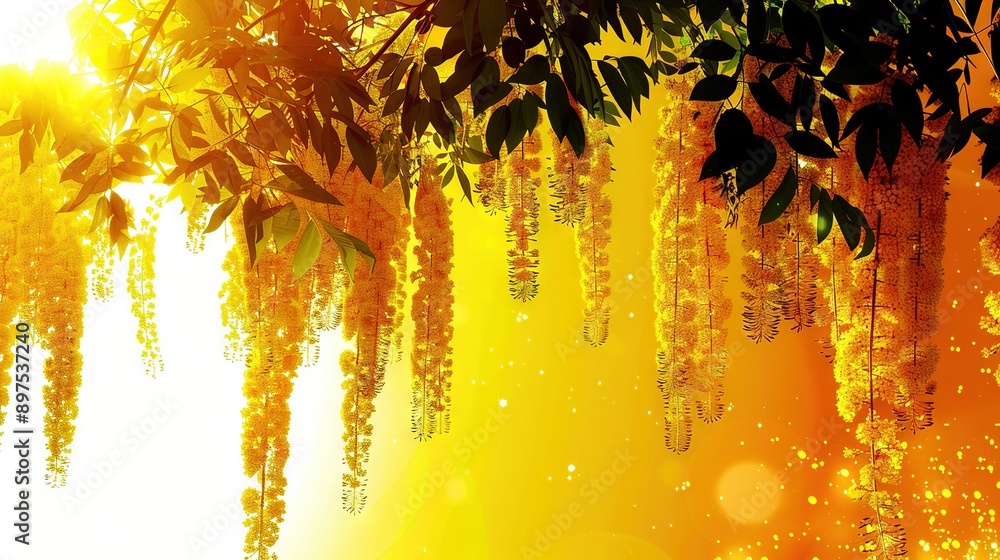 Poster a close-up of a bouquet dangling from a tree, with sunlight filtering through the foliage above
