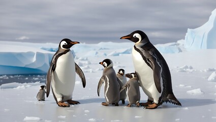 Obraz premium A family of penguins huddled together on the icy Antarctic landscape, their resilience and cooperation a testament to survival in extreme conditions.