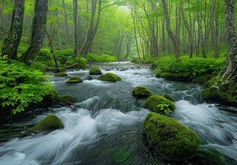 Obraz premium river in the forest of white water and green trees at high noon