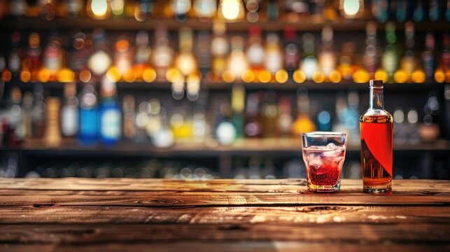Blurred image of bartender s setup with bar ambiance wooden backdrop and beverages