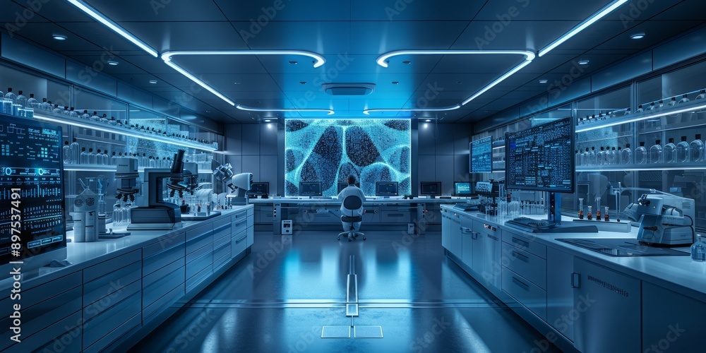 Poster scientist working in a futuristic laboratory with advanced technology and digital screens