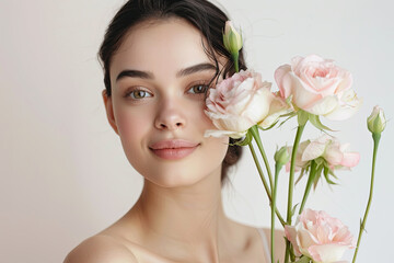 Fototapeta premium Beautiful young woman with eustoma flowers on light background