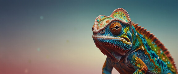 Obraz premium Colored chameleon close up with copy space for your design, Colorful chameleon lizard on panoramic background, Creative colors web banner.