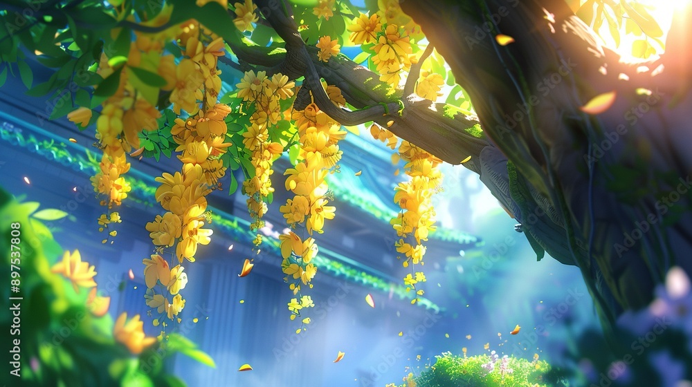 Poster a yellow bouquet dangles from a tree in front of a structure with a beam of sunlight streaming throu