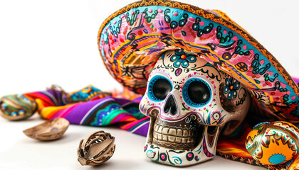 Fototapeta premium Mexican traditional holiday of Death with painted skull and hat isolated on white. Dia de los Muertos