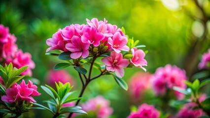 Vibrant pink flowers bloom amidst lush green leaves on a solitary bush, isolated on a soft focus background, emphasizing its delicate beauty and serenity.
