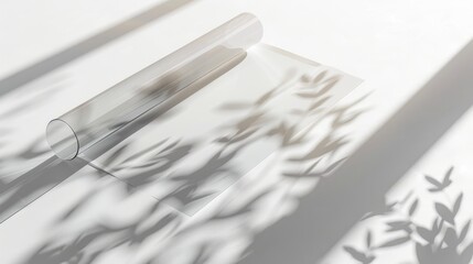 Business mock up template with blank paper glass tube and sunlight shadows on white background