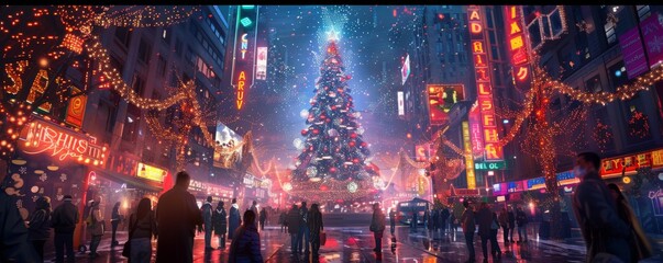 Fototapeta premium Festive city scene with a giant Christmas tree surrounded by illuminated buildings and a bustling crowd