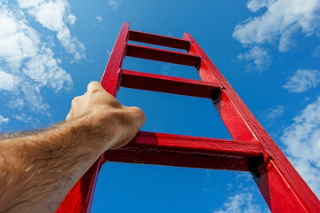 Development Attainment Motivation Career Growth Concept. Mans Hand Reaching For Red Ladder Leading...