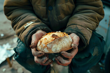 Dirty hands homeless poor man with piece of bread in modern capitalism society. Economic recession, unemployment, poverty, hunger, retirement, global crisis, inequality problem concept