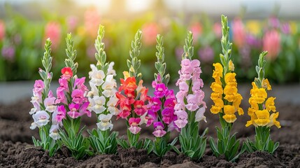 snapdragons with tall flower spikes in a sunny garden