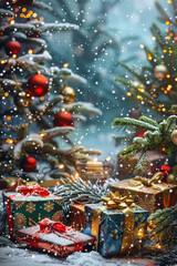 Fototapeta premium A Christmas tree with many presents on it.