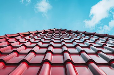Fototapeta premium red roof of a house with red metal tiles against a blue sky background