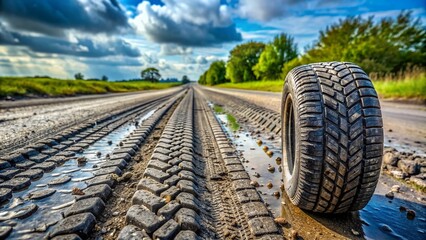 Worn tire treads leave rough tracks on a dirty, grungy asphalt road, showcasing the effects of heavy use and harsh weather conditions.