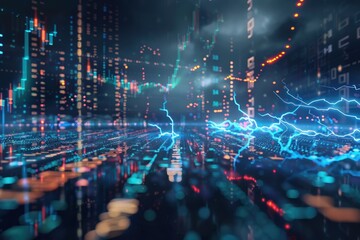 Dynamic lightning effects representing global financial data flow on a tech-themed backdrop.