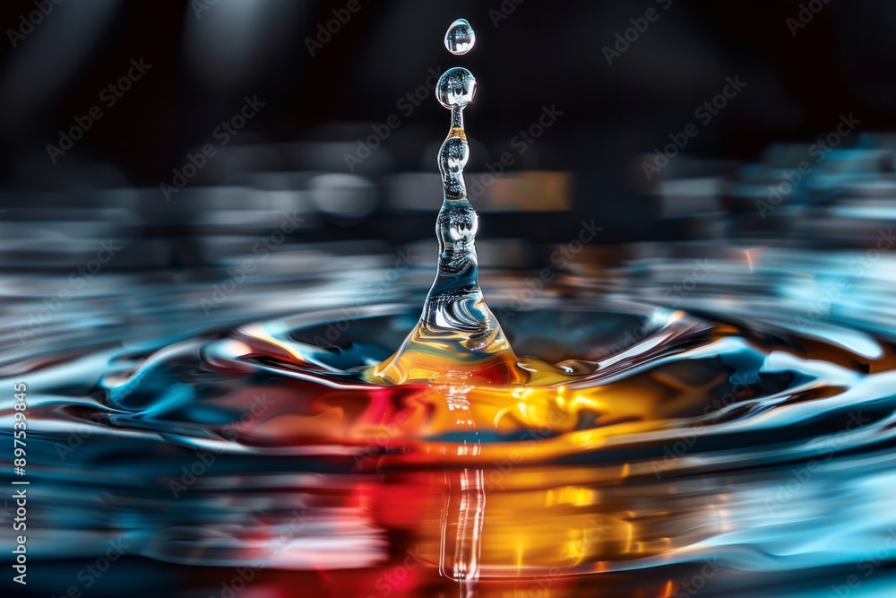 Poster a water drop splashes with vibrant, multicolored reflections and smooth wave ripples, creating a bea