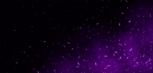 Purple flame with sparks, fire with flying cinder, abstract glowing embers, heat sparkles, bokeh fire texture. Vector illustration.