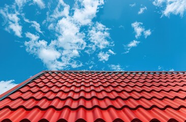 red roof of a house with red metal tiles against a blue sky background