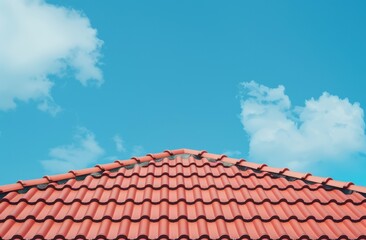 red roof of a house with red metal tiles against a blue sky background