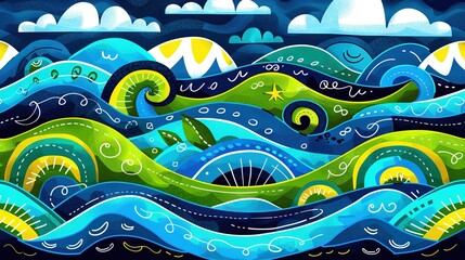   An artwork of a seascape with surging waves and a bird gliding above them in the heavens