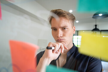 Professional caucasian businessman brainstorming marketing idea by using mind map and sticky notes on glass board at modern meeting room. Creative business and planing concept. Immaculate.