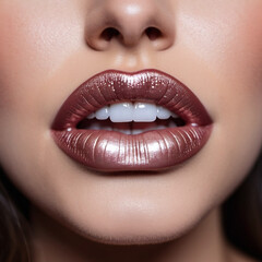 Obraz premium Close-up of woman lips, featuring shimmering pearlescent lipstick. Touch of sparkle. Lips are slightly parted, revealing glimpse of white teeth. Sensuality and sexuality. Mother of pearl lipstick. AI