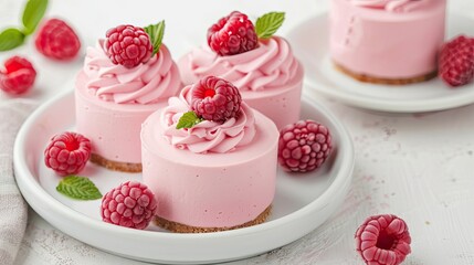 Elegant raspberry mousse with fresh raspberries on top