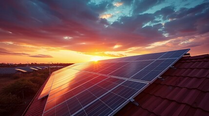 Solar Panels on Residential Rooftop at Sunset. Harnessing Renewable Energy for Sustainable Living. Eco-Friendly Home Designs, Green Technology Promotions, and Environmental Awareness Campaigns.